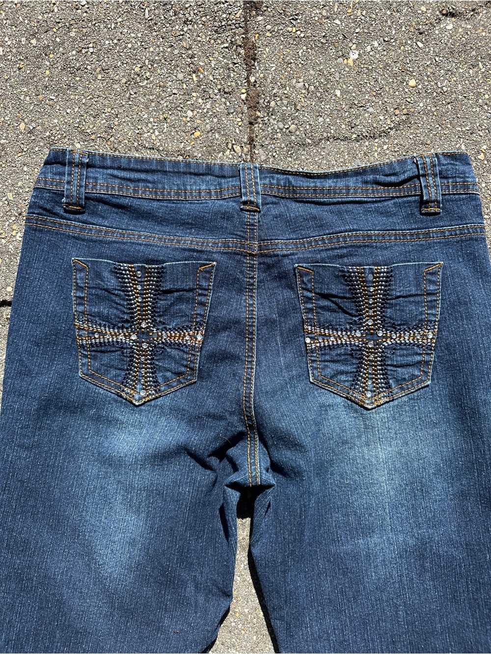 Y2K Vintage Sweet Jeans Rhinestone Cross Pockets - Dark Wash